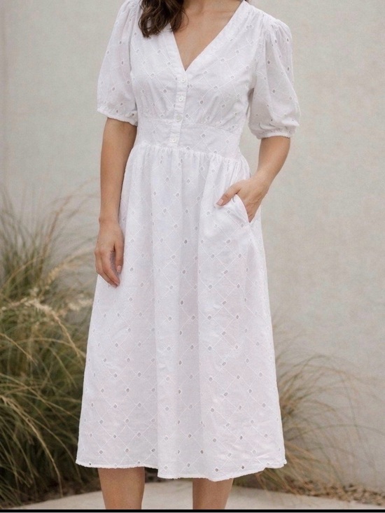 a new day Dresses & Skirts - A New Day White Eyelet Midi Dress with V-Neck and Puff Sleeves